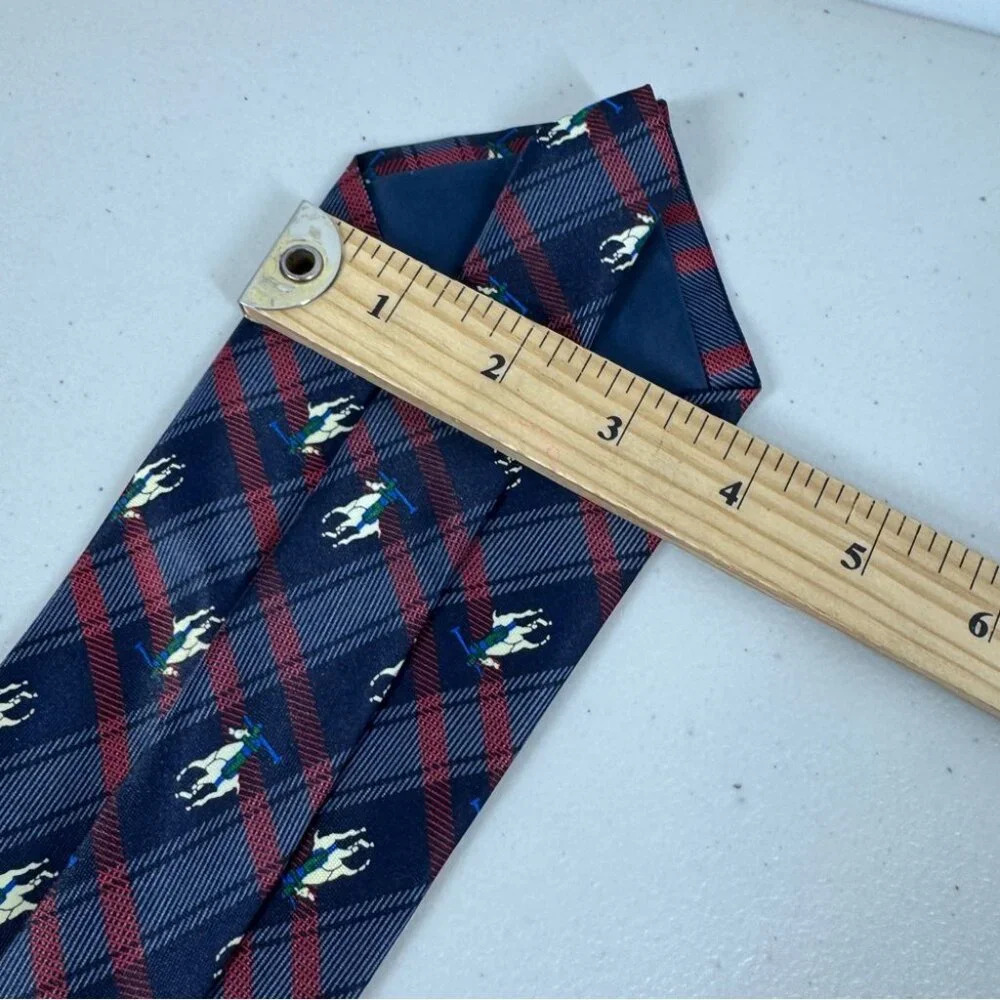 René Chagal Silk Polo Horse Tie Navy Plaid Equestrian Designer Necktie - Picture 10 of 12